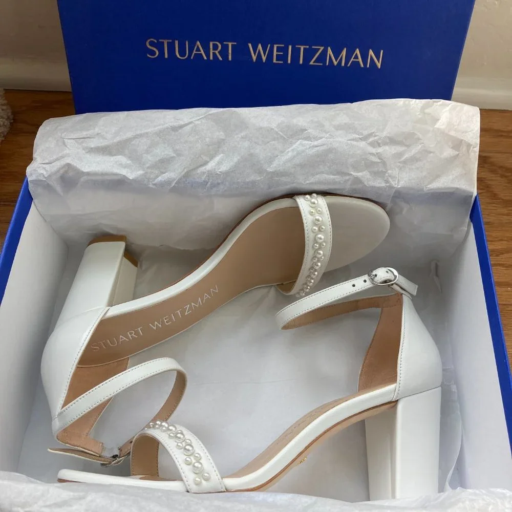 Stuart Weitzman White Pearl-Embellished Ankle Strap Heels